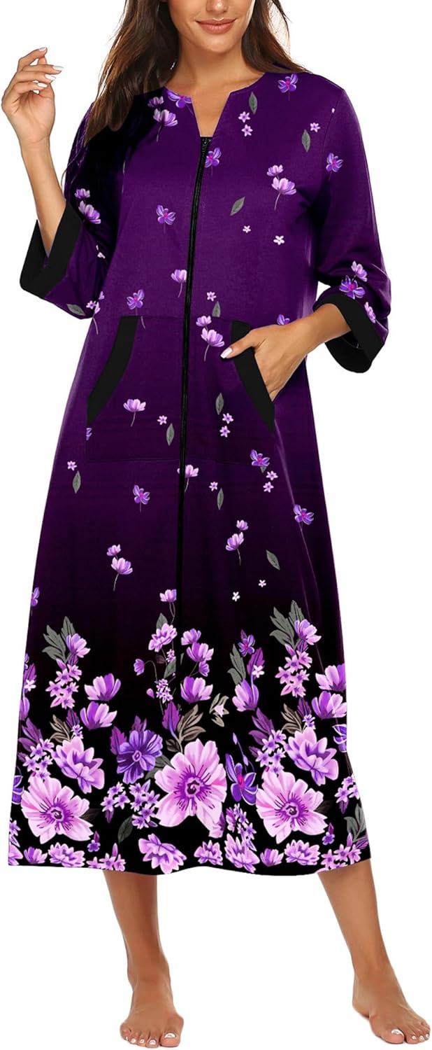 Ekouaer Women Zipper Robe 3/4 Sleeves Loungewear Dress Full Length Sleepwear Pockets Housecoat Nightgown Long Bathrobe