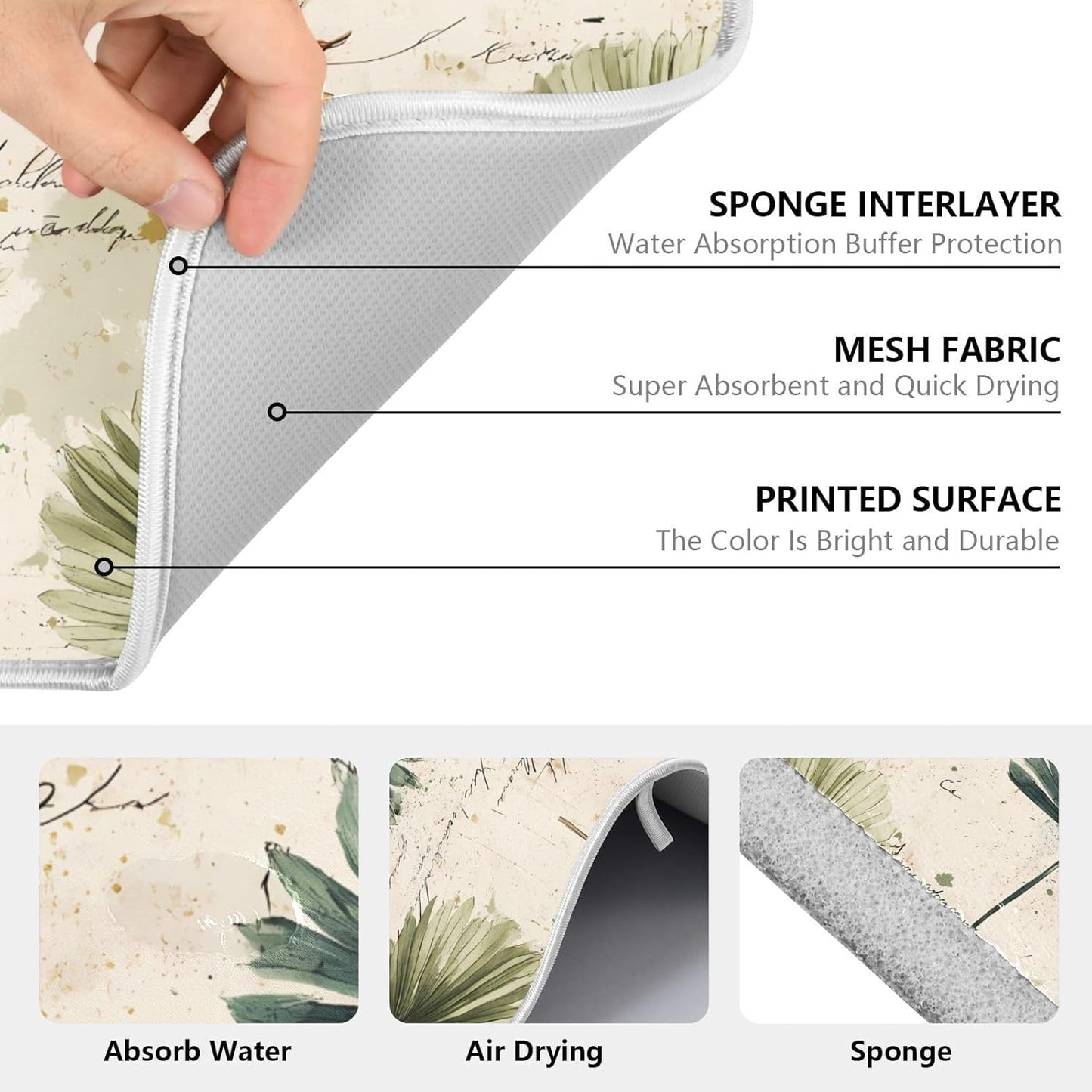 Palm Leaves Vintage Leaf Dish Drying Mats for Kitchen Counter, 18x24 inch Drying Dishes Absorbent Microfiber Dish Drainer Mat Rack Pad Fast Dry