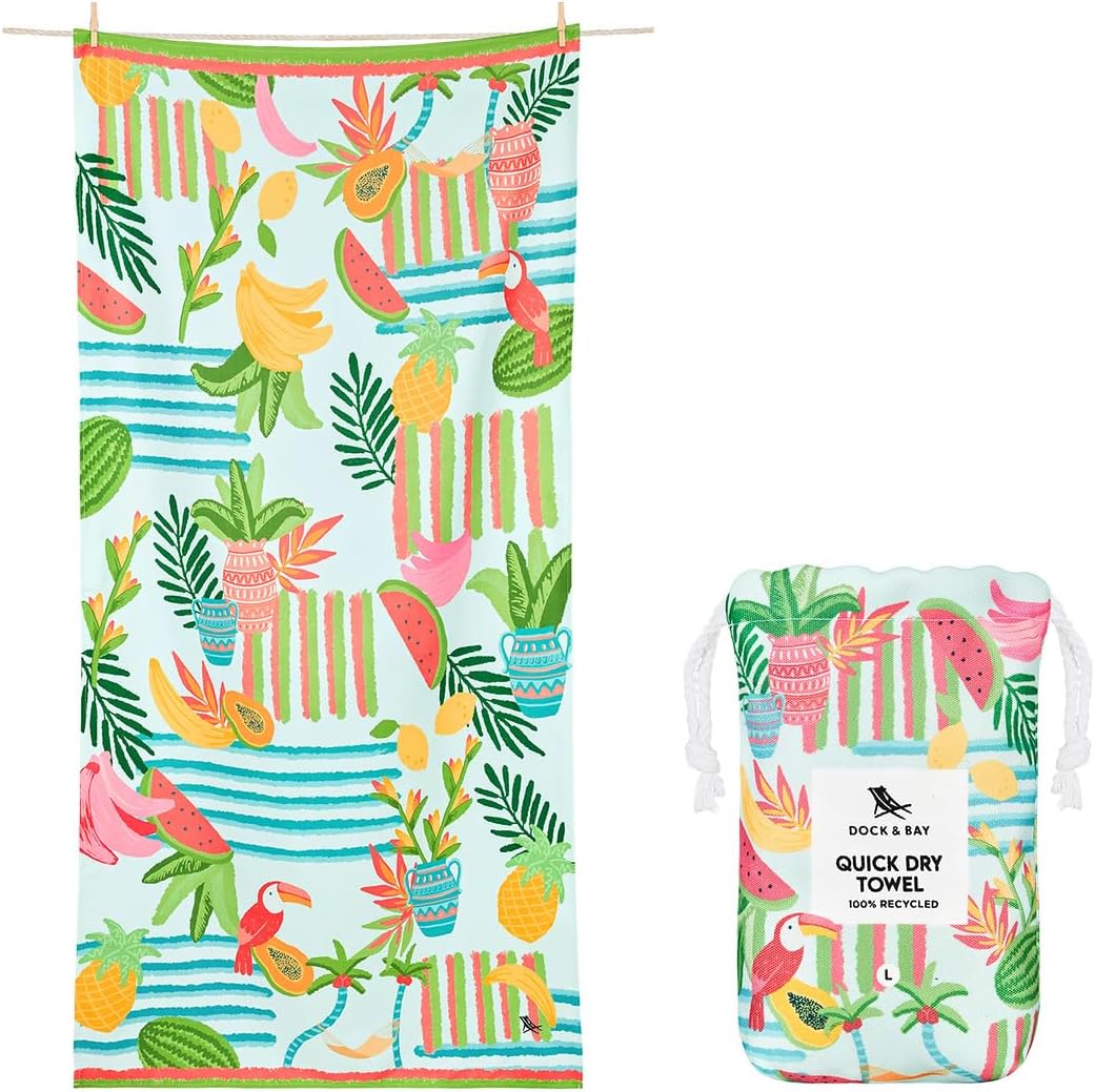 Dock & Bay Beach Towel - Quick Dry, Sand Free - Compact, Lightweight - 100% Recycled - Includes Bag - Tropicana Treat - Extra Large (200x90cm, 78x35)
