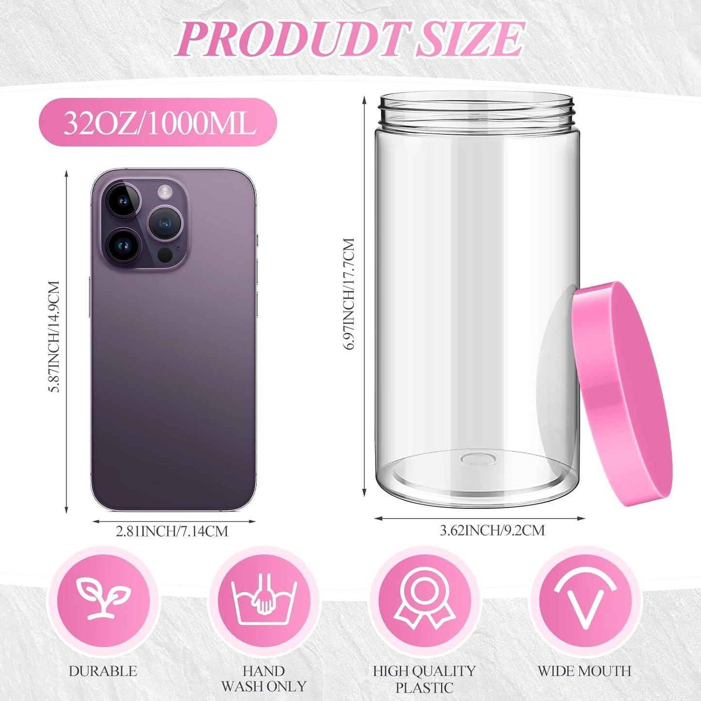 SATINIOR 12 Pack 32 oz Plastic Container Jars with Lids Round Clear Travel Cosmetic Container Slime Jars for Toiletries, Lotion, Cream, Ointments, Makeup, Rhinestone, Samples, Kitchen Storage(Pink)