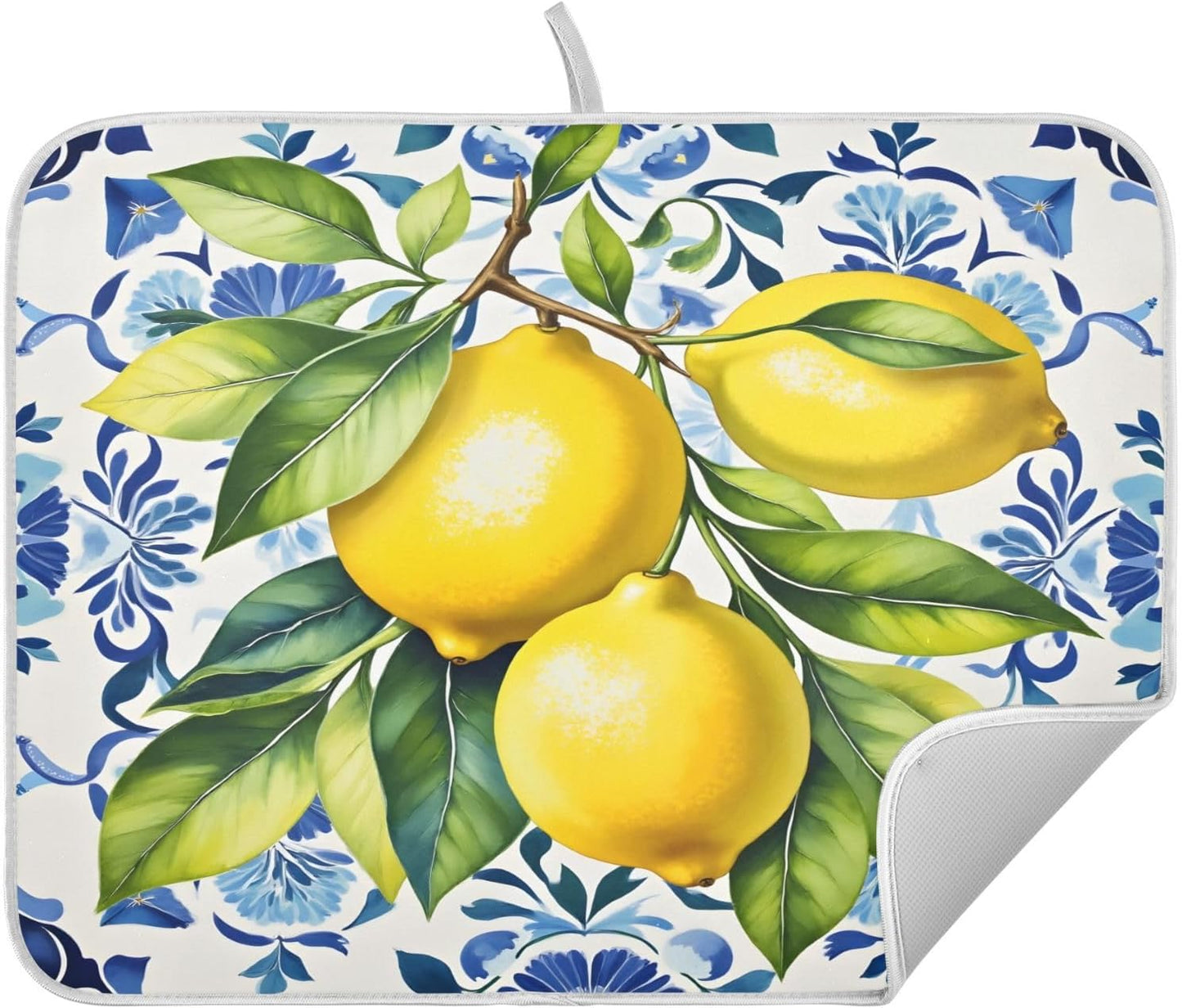 Lemon Italian Tile Blue E Dish Drying Mats for Kitchen Counter, 18x24 inch Drying Dishes Absorbent Microfiber Dish Drainer Mat Rack Pad Fast Dry