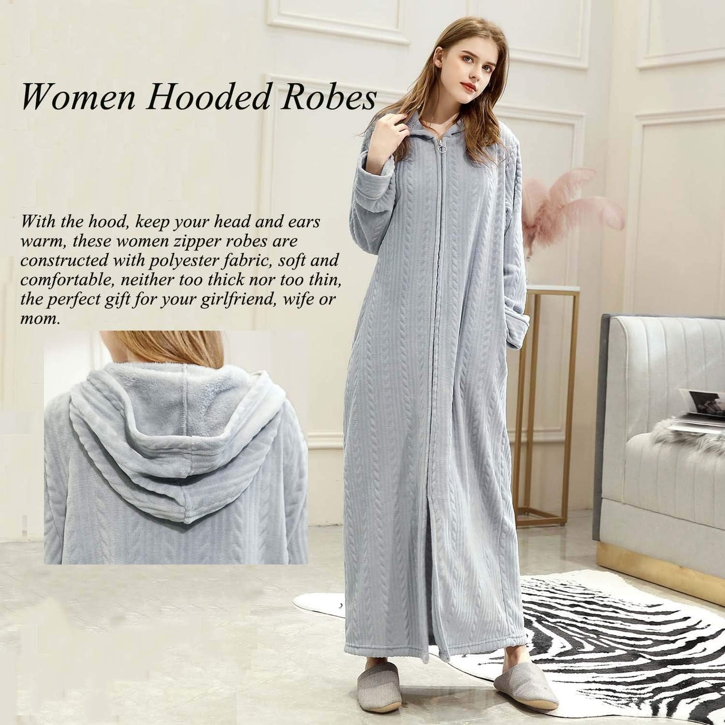 Hellomamma Long Hooded Zipper Bathrobe for Womens Flannel Fleece Robes Winter Warm Housecoat Nightgown Sleepwear Pajamas