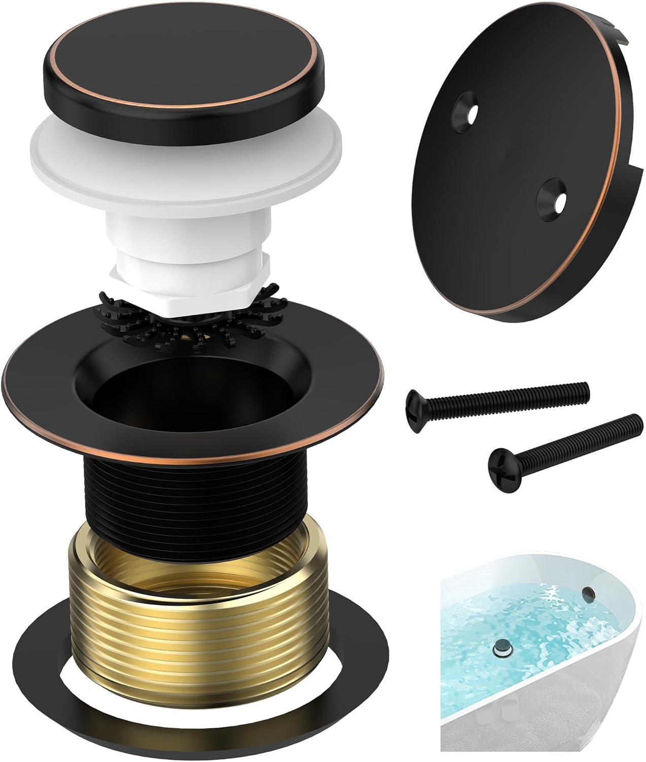 Oil Rubbed Bronze Tub Drain Kit with Hair Catcher, Premium Brass Tip-Toe Bathroom Tub Drain Replacement and 2-Hole Overflow Faceplate, 11.5/16 UNC Bathtub Drain Stopper Assembly