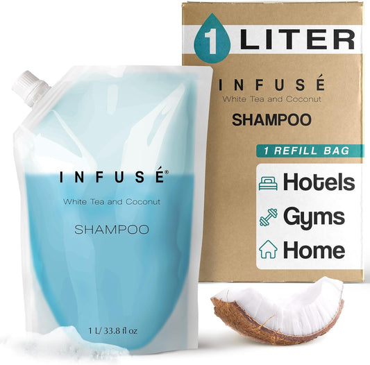 1 Liter Shampoo Refill Bag For Soap Dispensers | Bulk Toiletries for Vacation Rentals, and Home Bathroom Showers | White Tea and Coconut | Single