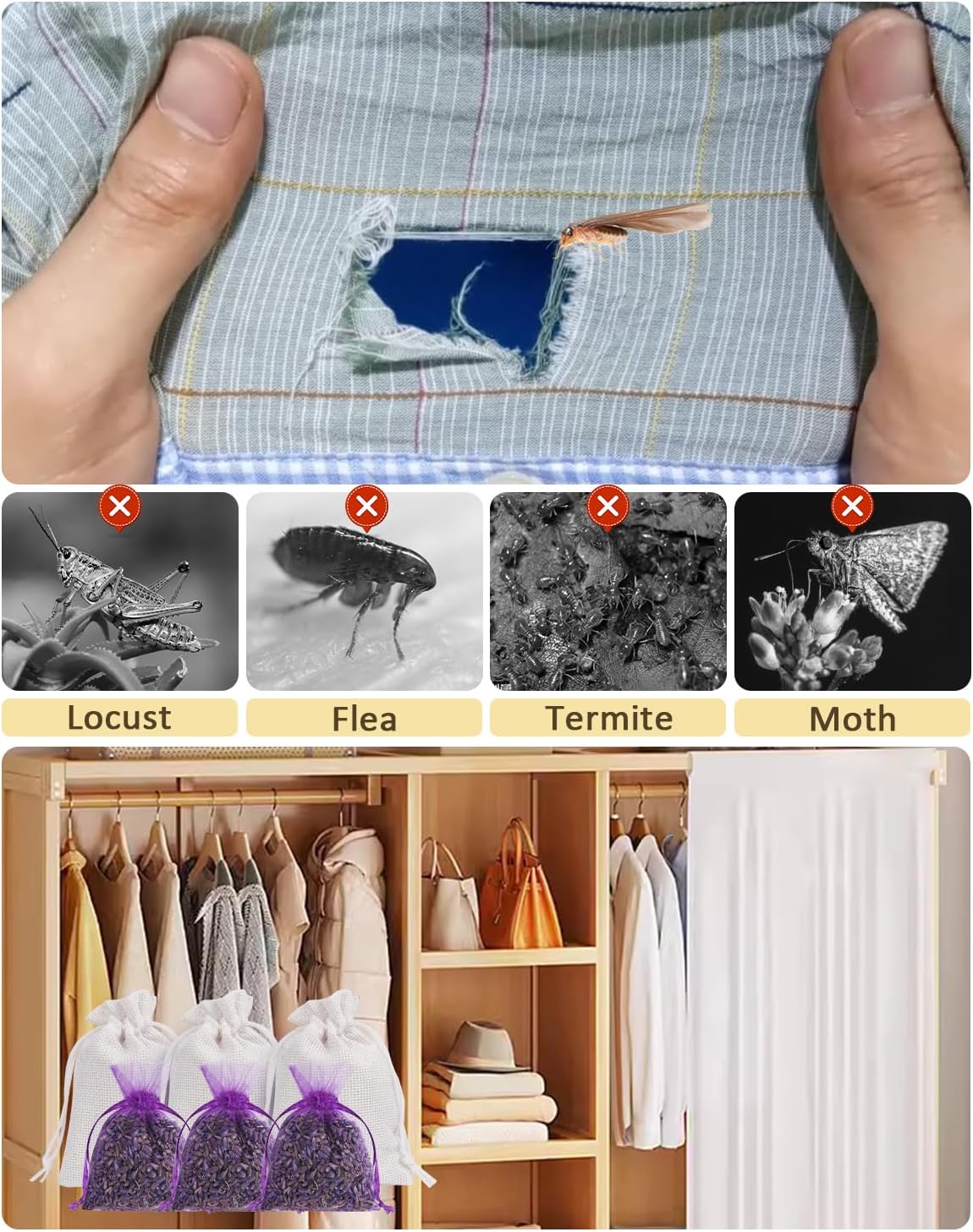 24 Pack Cedar and Lavendar Home Fragrance for Drawers and Closets - Stop Clothes Damage, Cedar Chips and Natural Dried Lavender Sachets Bags