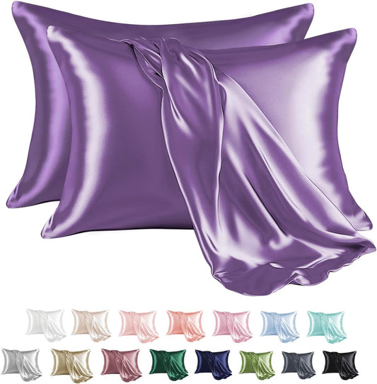 MR&HM Satin Pillowcase for Hair and Skin, Silk Satin Pillowcase 2 Pack, Queen Size Pillow Cases Set of 2, Silky Pillow Cover with Envelope Closure (20x30, Lavender)