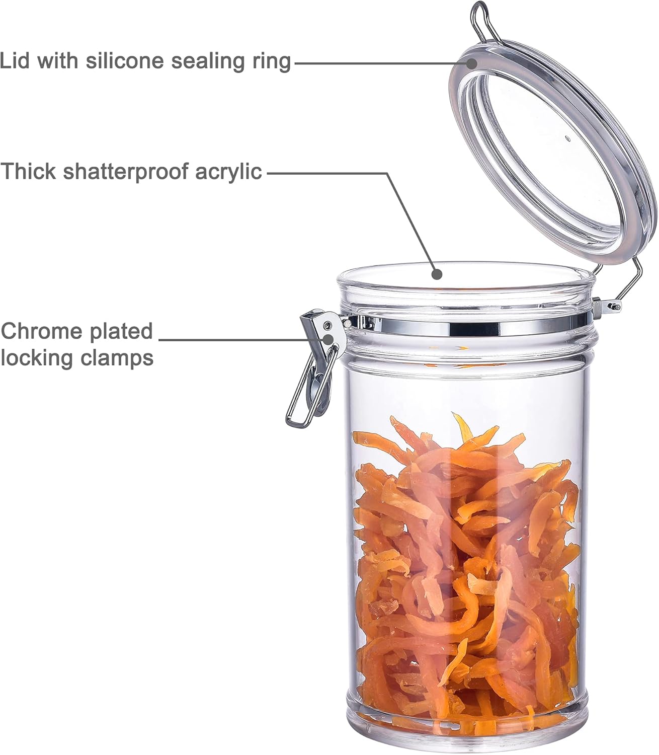 64 oz Reinforced Large Acrylic Canister with Locking Clamp, Airtight Flip Jar | Food Storage Container for Flour, Sugar, Coffee, Candy, Cookie etc