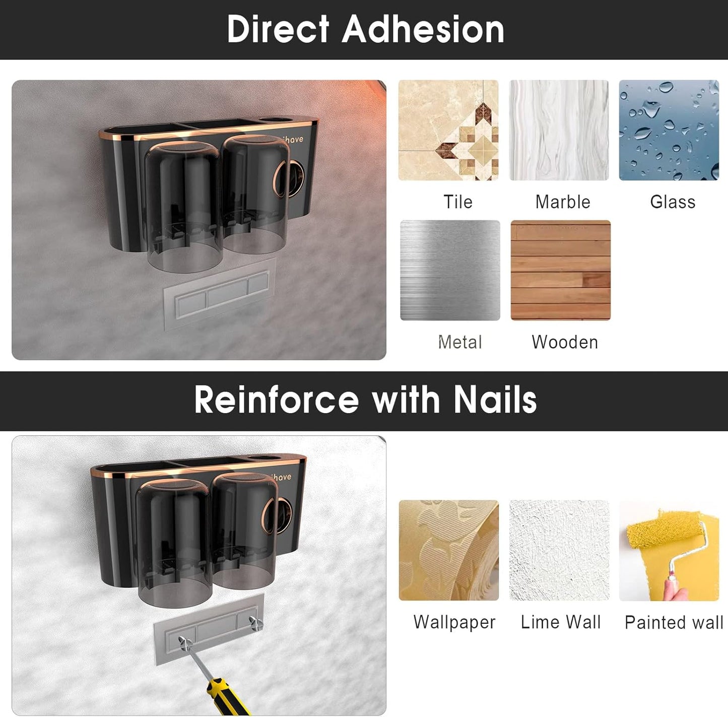 iHave Toothbrush Holders Bathroom Accessories with Toothpaste Dispenser, 2 Cups Toothbrush Holder Wall Mounted Bathroom Decor