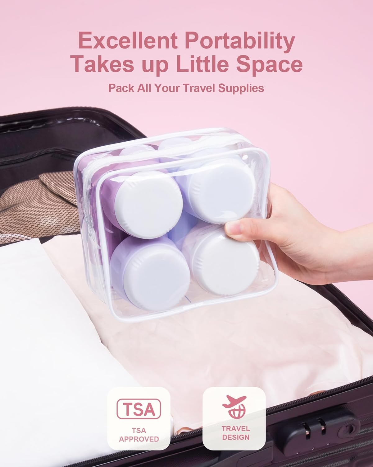 Travel Bottles for Toiletries 8 Pack, Travel Size Toiletries, Tsa Approved Travel Size Containers 3oz, with Travel Essentials Clear Bag, Leak Proof Silicone Squeezable Creams Jars