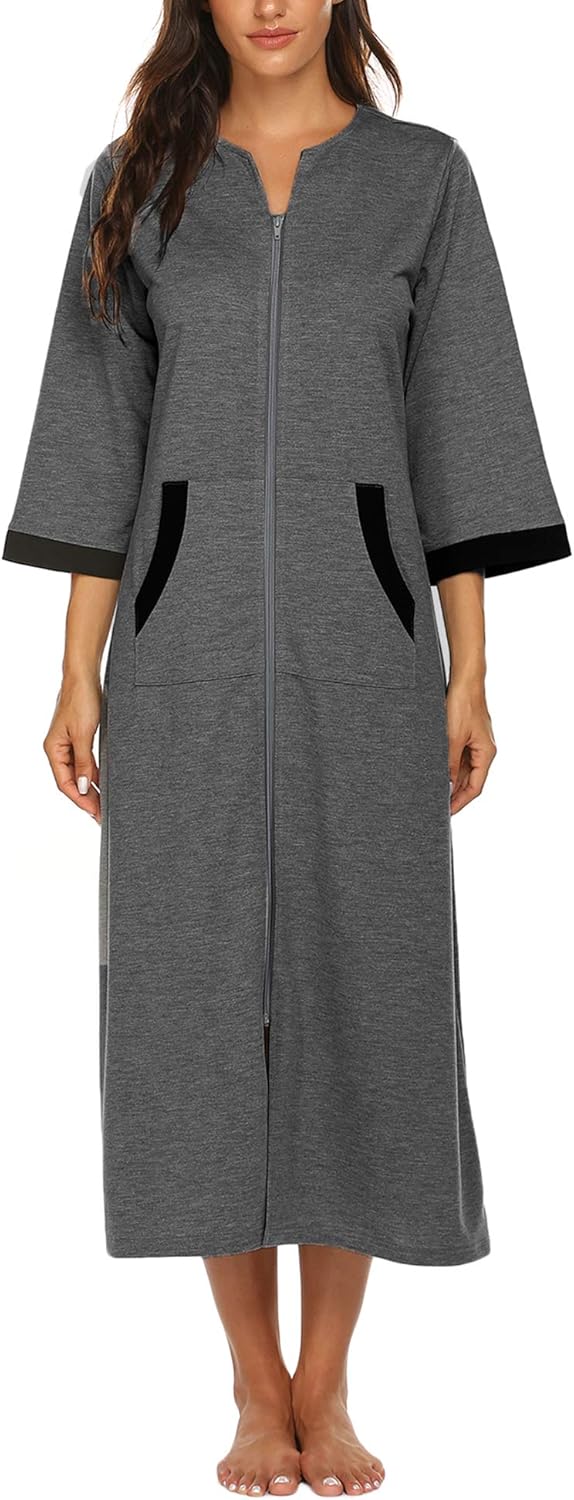 Ekouaer Women Zipper Robe 3/4 Sleeves Loungewear Dress Full Length Sleepwear Pockets Housecoat Nightgown Long Bathrobe