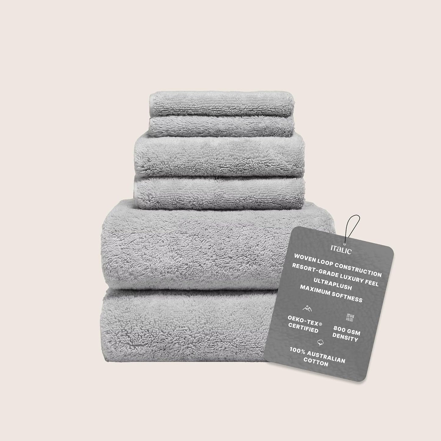 Italic Ultraplush 100% Australian Cotton Towels Standard 6 Piece Set, 2 Bath, 2 Hand, 2 Washcloths, 800GSM Lightweight, Highly Absorbent Quick Dry Soft Resort Grade Towels (Light Gray)