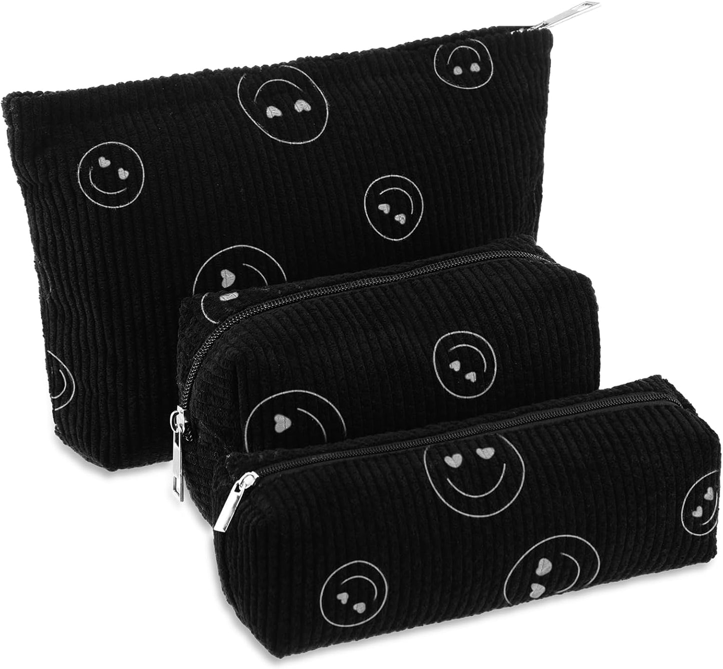 3 Pcs Makeup Bag Set for Women Corduroy Cosmetic Pouch Aesthetic Smile Travel Toiletry Bag Cute Purse Pouch Pencil Case Makeup Brushes Storage Organizer for Christmas(Black,Smile Face)