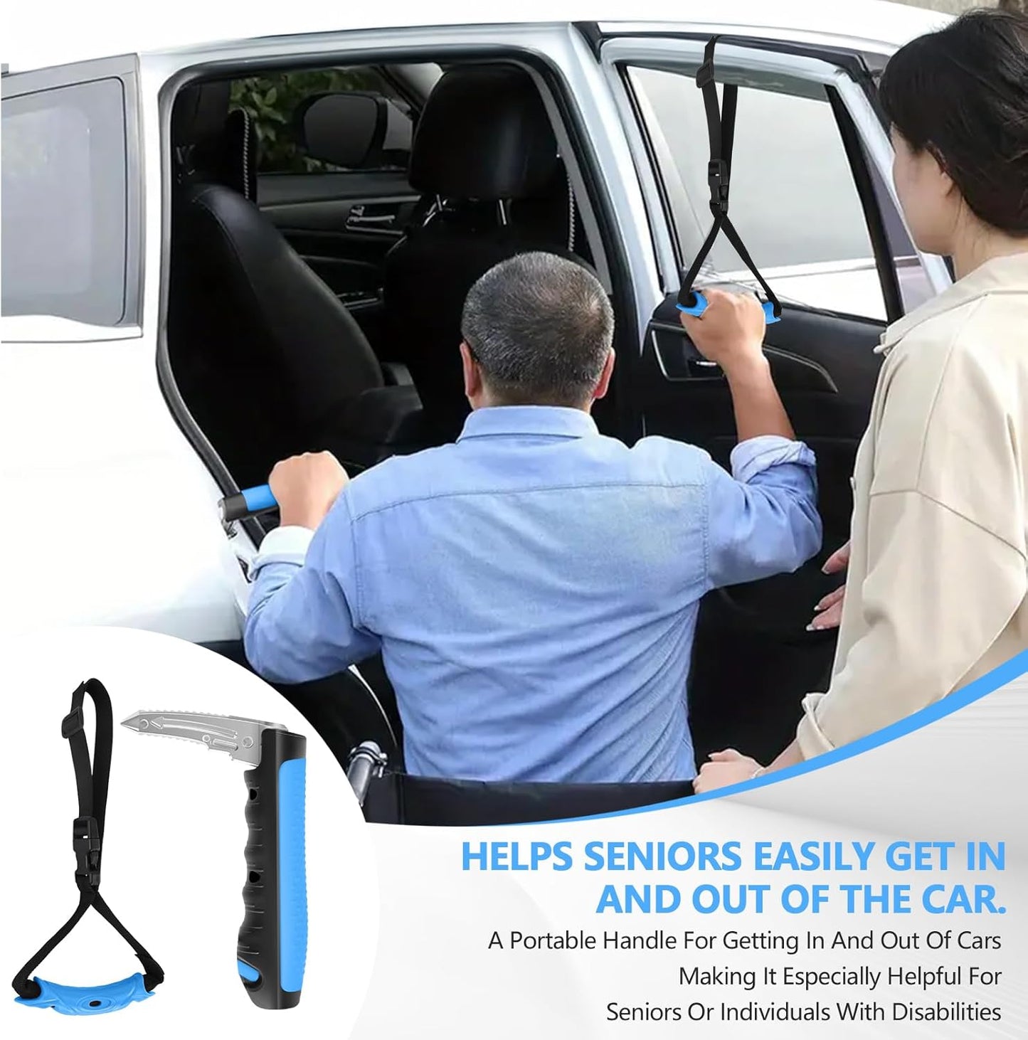 Car Door Handle for Elderly - 2025 New 4 in 1 Car Handle Assist, 2 Pack Auto Cane Portable Vehicle Support Handle Door Assist Bar, Max Load 500 Lbs, Anti-Slip Design (Blue-Car Handle +Strap)