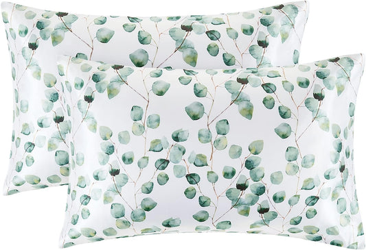 EXQ Home Satin Pillowcase for Hair and Skin,Cooling Printed Pillow Cases King Size Pillow Case Set of 2，Printed Satin Pillow Covers with Envelope Closure（Ink Leaf,20x40 inches）