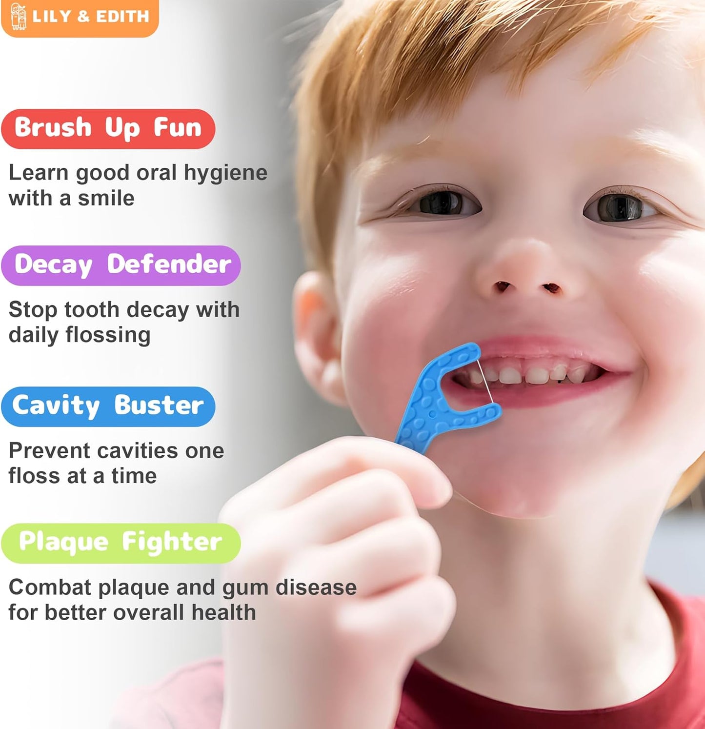 LILY & EDITH Kids Biodegradable Dental Floss Picks 200 Counts, Fluoride Free, Plant Based Material, Fun Animal Flossing Sticks, Ultra Sturdy Thread, Zero Waste Package (Unflavored)