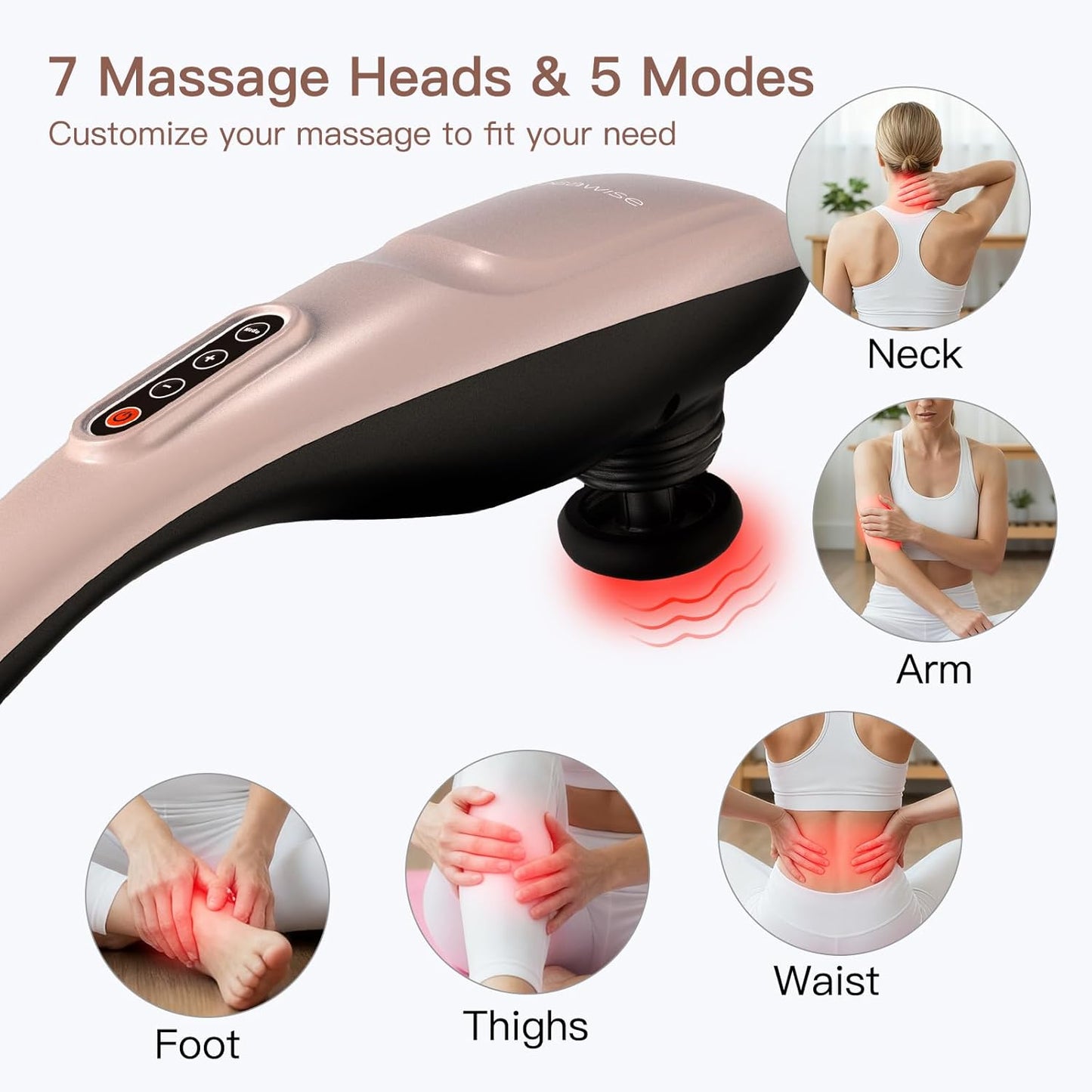 MEGAWISE Handheld Back Massager | Deep Tissue Percussion Massage for Back, Neck, Shoulders, Waist and Legs (Rose Gold)