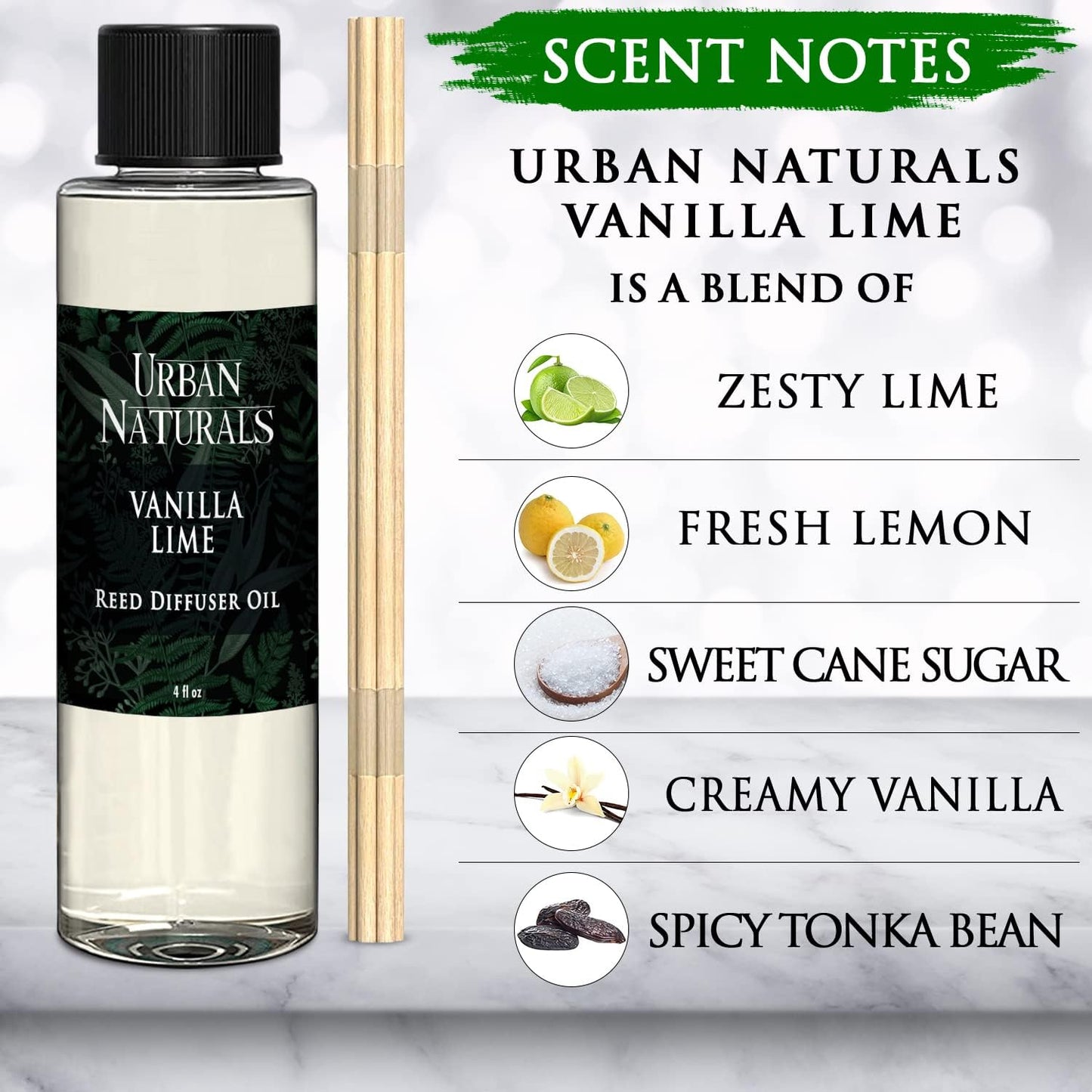 Urban Naturals Reed Diffuser Oil Refill, Vanilla Lime Citrus Essential Oils with Cane Sugar, Lime, Vanilla, 4 oz + Free Reed Sticks, Made in The USA
