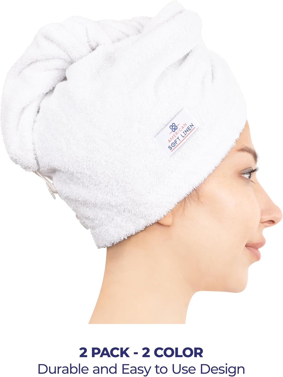 American Soft Linen 100% Cotton Hair Towels for Women, Head Towel Cap, Cotton Hair Turban Towel Wrap for Hair, Soft and Absorbent Cotton Hair Towels 2 Pack, White-Light Gray