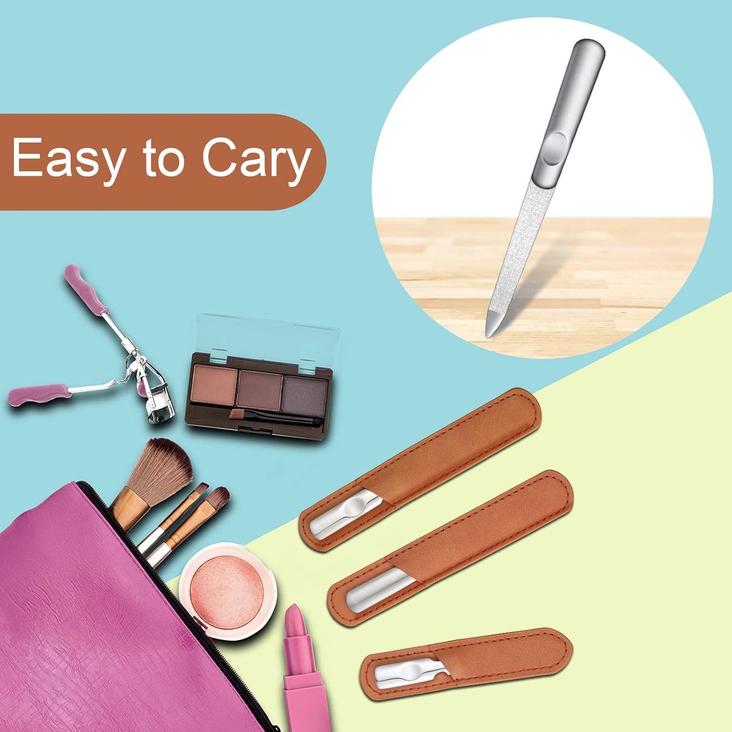 3 Pcs Stainless Steel Nail Files Kit with Leather Case, Double Sided Metal Nail Files with Anti-Slip Handle for Women and Men, Metal File Buffer Manicure Pedicure Tools for Fingernail Toenail(Brown)
