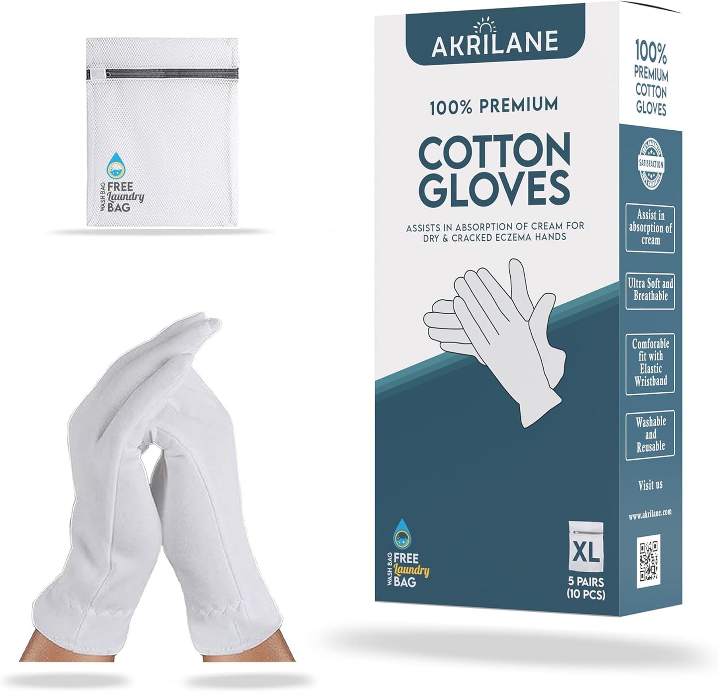 AKRILANE Extra Large 5 Pairs Cotton Moisturizing Gloves for Dry Hands | Eczema, Psoriasis & Skin Spa Treatment for Women & Men | Washable & Reusable with Free Laundry Bag