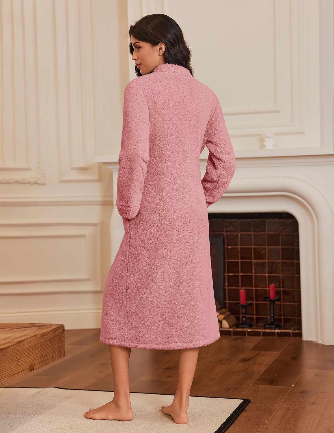 Ekouaer Women's Zip Up Robe Fleece Bathrobe Long Zipper Lounger Warm Housecoat Long Sleeve Nightgown with Pockets S-XXL