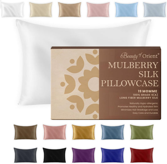 Premium Mulberry Silk Pillowcase for Sleeping Women and Men | Handcrafted Hypoallergenic & Anti-Acne White Silk Pillow Cases with Zipper | Standard - 20" x 26", Natural Undyed White