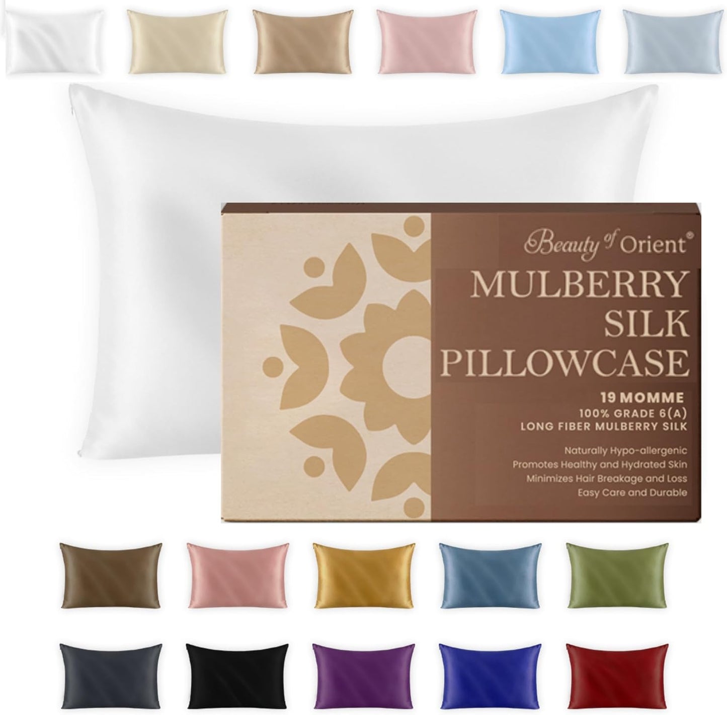 19 Momme Premium Mulberry Silk Pillowcase for Hair and Skin | Handcrafted Hypoallergenic & Anti-Acne White Silk Pillow Cases with Zipper | Queen - 20" x 30", Natural Undyed White