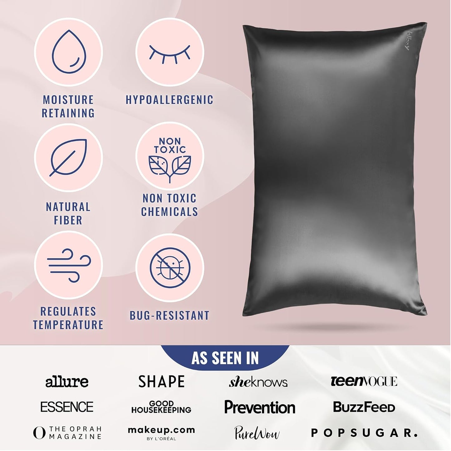 Blissy Silk Pillowcase - 100% Pure Mulberry Silk - 22 Momme 6A High-Grade Fibers - Silk Pillow Cover for Hair & Skin - Regular, Queen & King (Gray, Standard)
