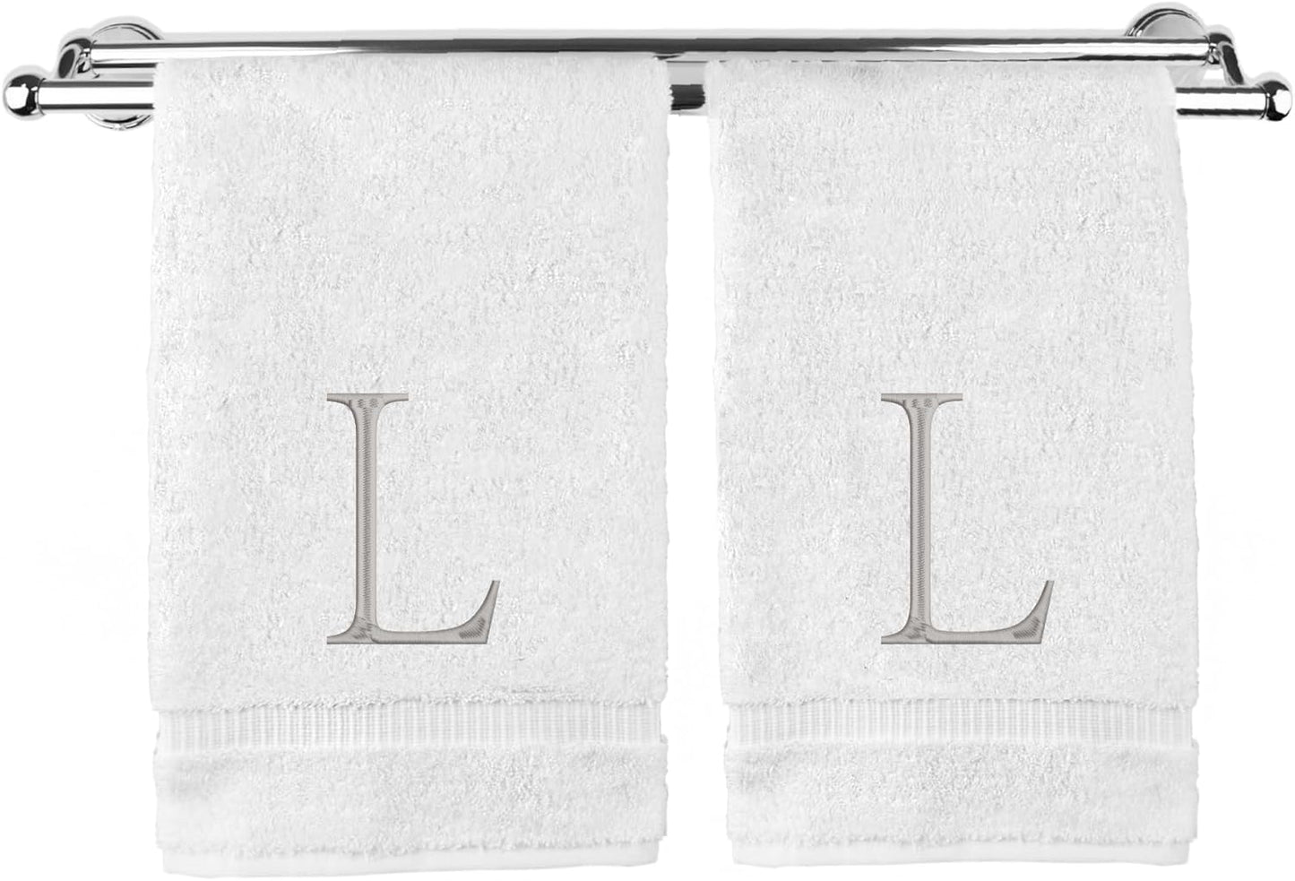 Monogrammed Hand Towel, Personalized Initial Gift, Extra Absorbent 100% Turkish Cotton - Soft Terry Finish - Set of 2 - Silver Block Initial L - Embroidered on White Towels