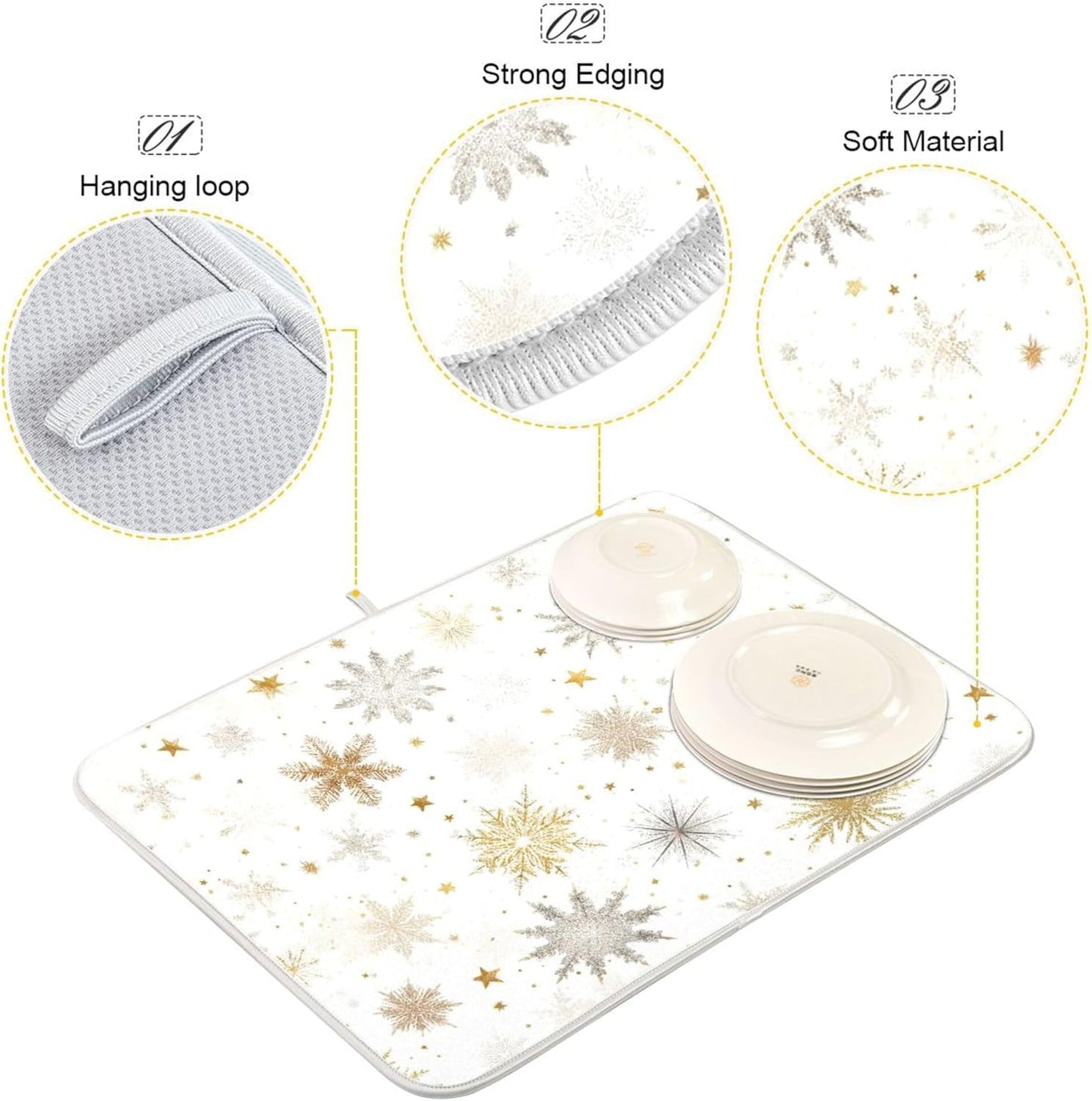 Winter Snowflake White Dish Drying Mat for Kitchen Countertop 16x18 Christmas Snow Golden Xmas Small Drying Mat Reusable Quick Dry Dish Sink Mats Easy Clean Decorative Essentials
