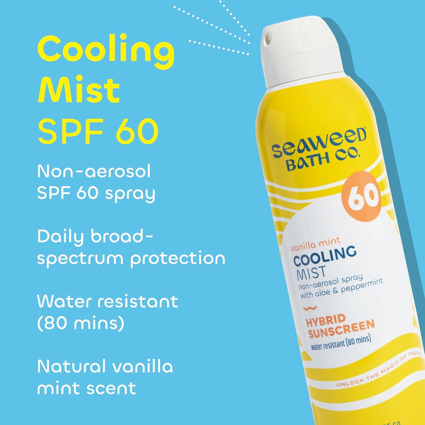 Seaweed Bath Co. Cooling Mist SPF 60 Sport Broad Spectrum Hybrid Sunscreen Spray, 6 Ounce (Pack of 2), Sustainably Harvested Seaweed, Aloe, Peppermint