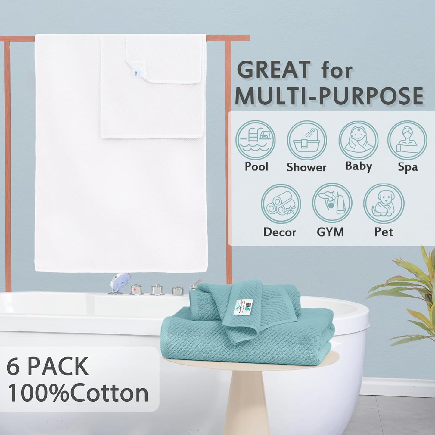 VOOVA & MOVAS Towels for Bathroom - 100% Cotton | Soft | Quick Dry | Thick, Towel Set of 6, 2 Large Bath 30"x56",2 Hand 18"x28", 2 Washcloths 13"x13", Bathroom Essentials, Aqua Teal and White