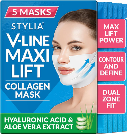 Stylia MaxiLift V-Line Lifting Collagen Face Mask - Advanced Double Chin Reducer - Jawline Shaper - Neck Firming and Tightening Mask with Hyaluronic Acid & Aloe Vera - Chin Strap for Sleeping (5PC)
