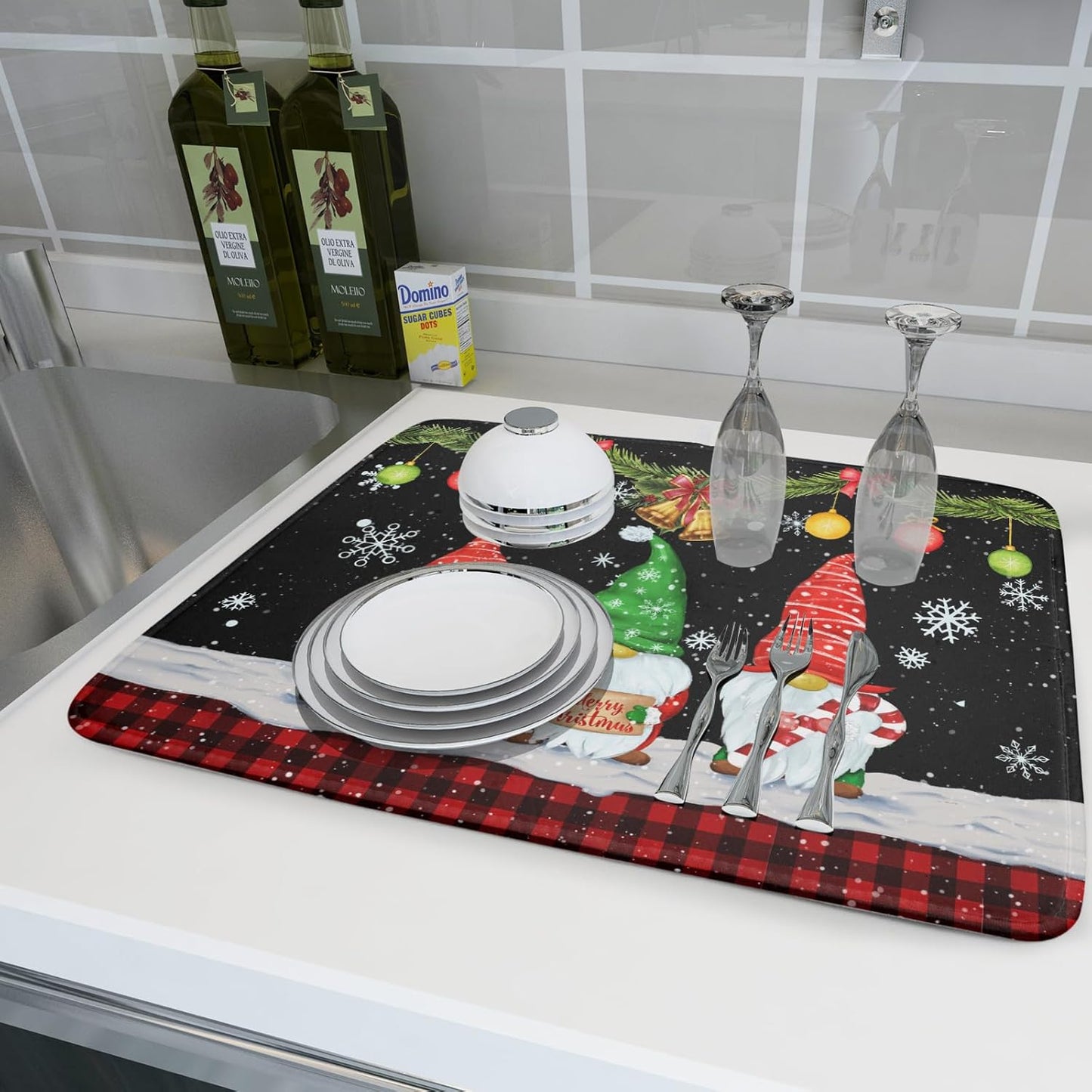 Merry Christmas Dish Drying Mat Black Gnomes Dish Drainer Mats 18x24 Inch Holiday Decorative Absorbent Dishes Pad for Kitchen Counter Sink