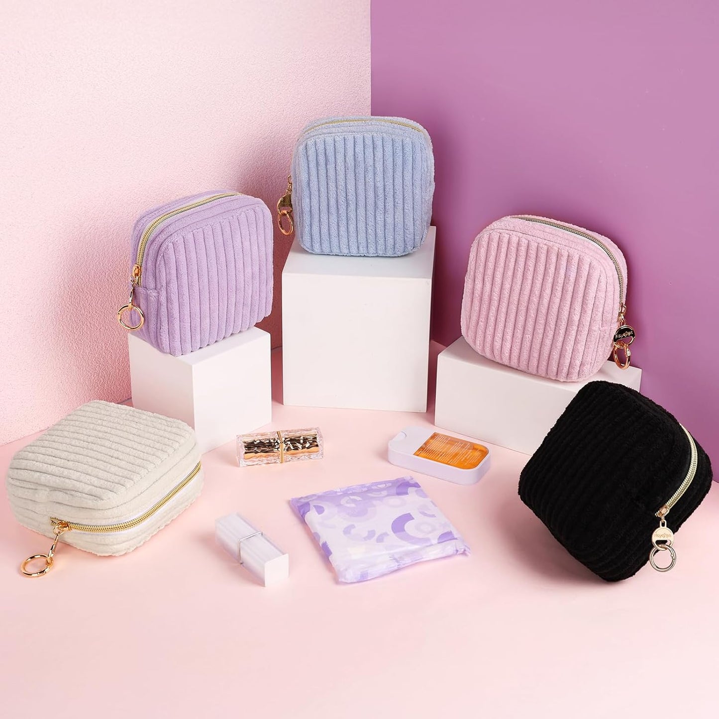 Period Bag for Teen Girls, Corduroy Sanitary Napkin Storage Bag, Fluffy Menstrual Pad PouchTampon Holder for Purse (Black)