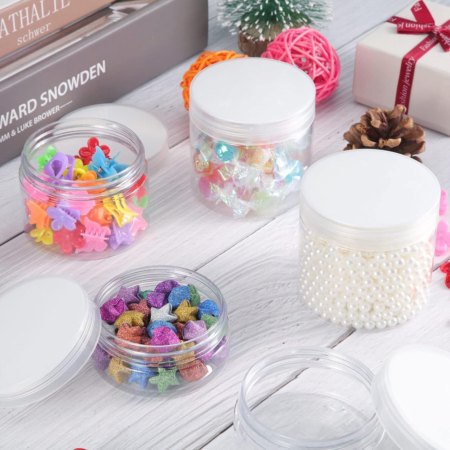 SATINIOR 12 Pack Plastic Container Jars with Lids Round Clear Travel Cosmetic Container Slime Jar for Toiletries, Lotion, Cream, Ointment, Makeup, Rhinestone, Sample, Kitchen Storage(2 oz,Clear)