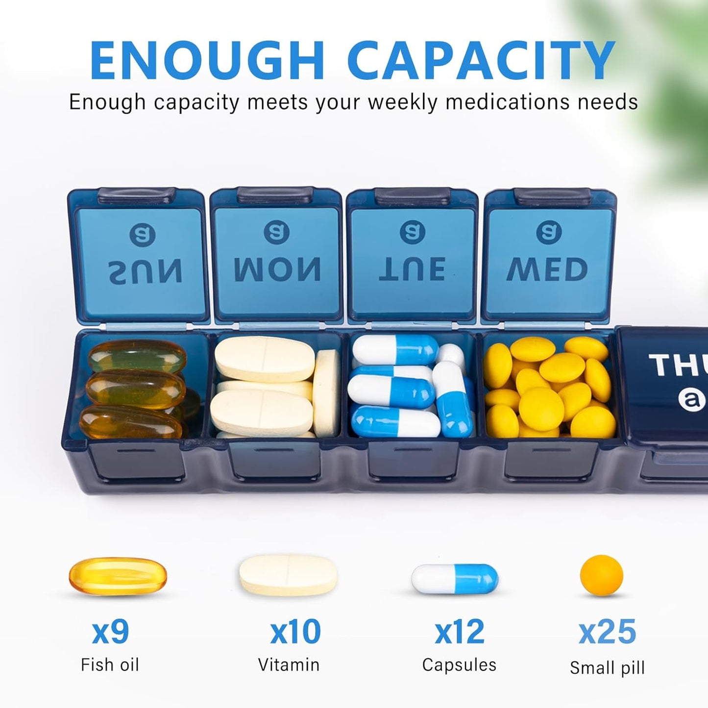 2-Pack Weekly Large Pill Organizer for Travel, 7 Day Pill Boxes and Organizer, Big Compartments Pill Case AM PM,14 Day XL Medication Organizer Dispenser for Fish Oils, Vitamin Holder Supplement