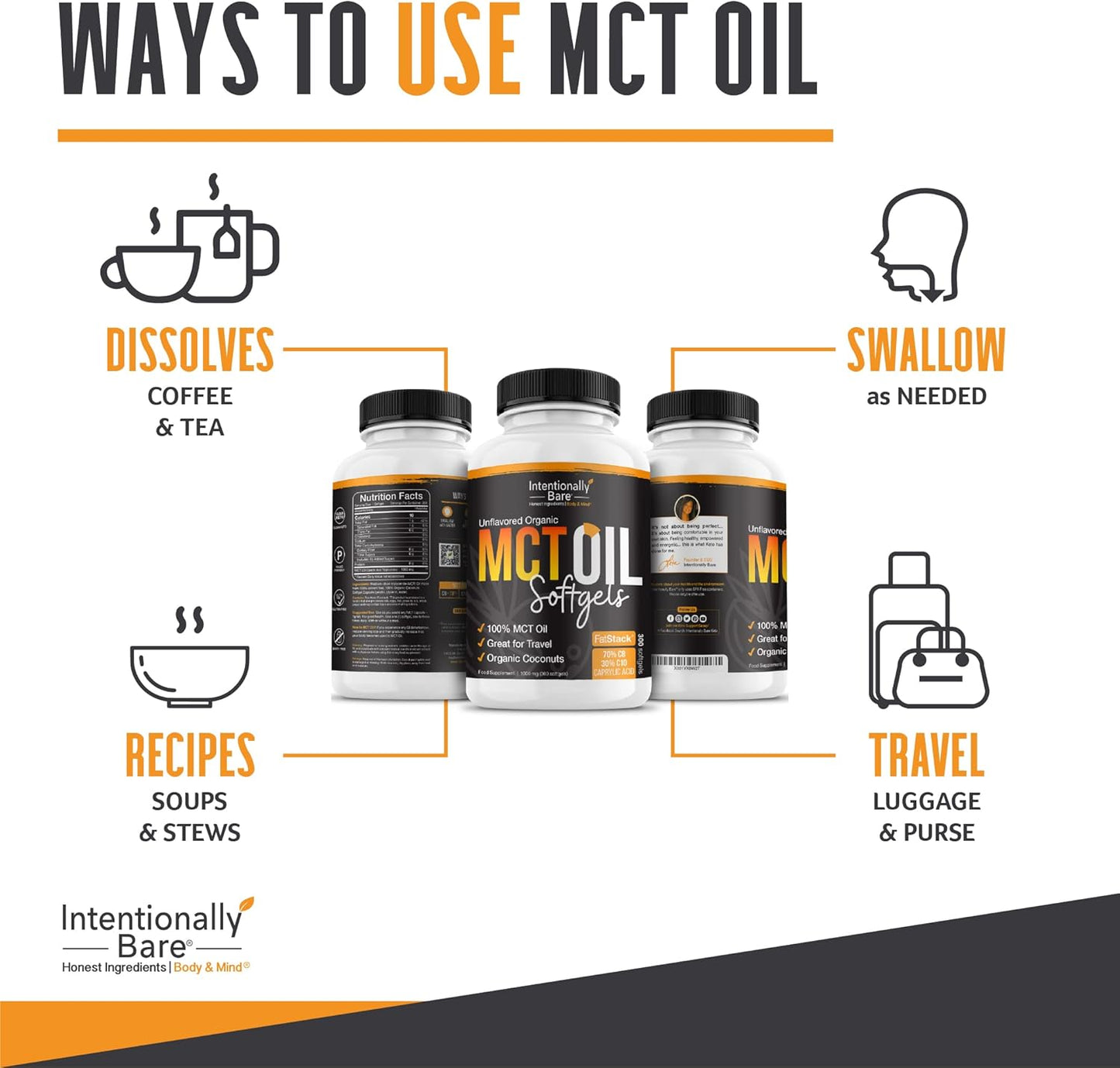 Intentionally Bare Organic MCT Oil Capsules - 70% C8 MCT Oil & 30% C10 MCT Capsules Unflavored for Keto Low Carb and Paleo Diet - Coconut C8 & C10 for Energy Mood & Focus - Non-GMO 300 Soft Gels