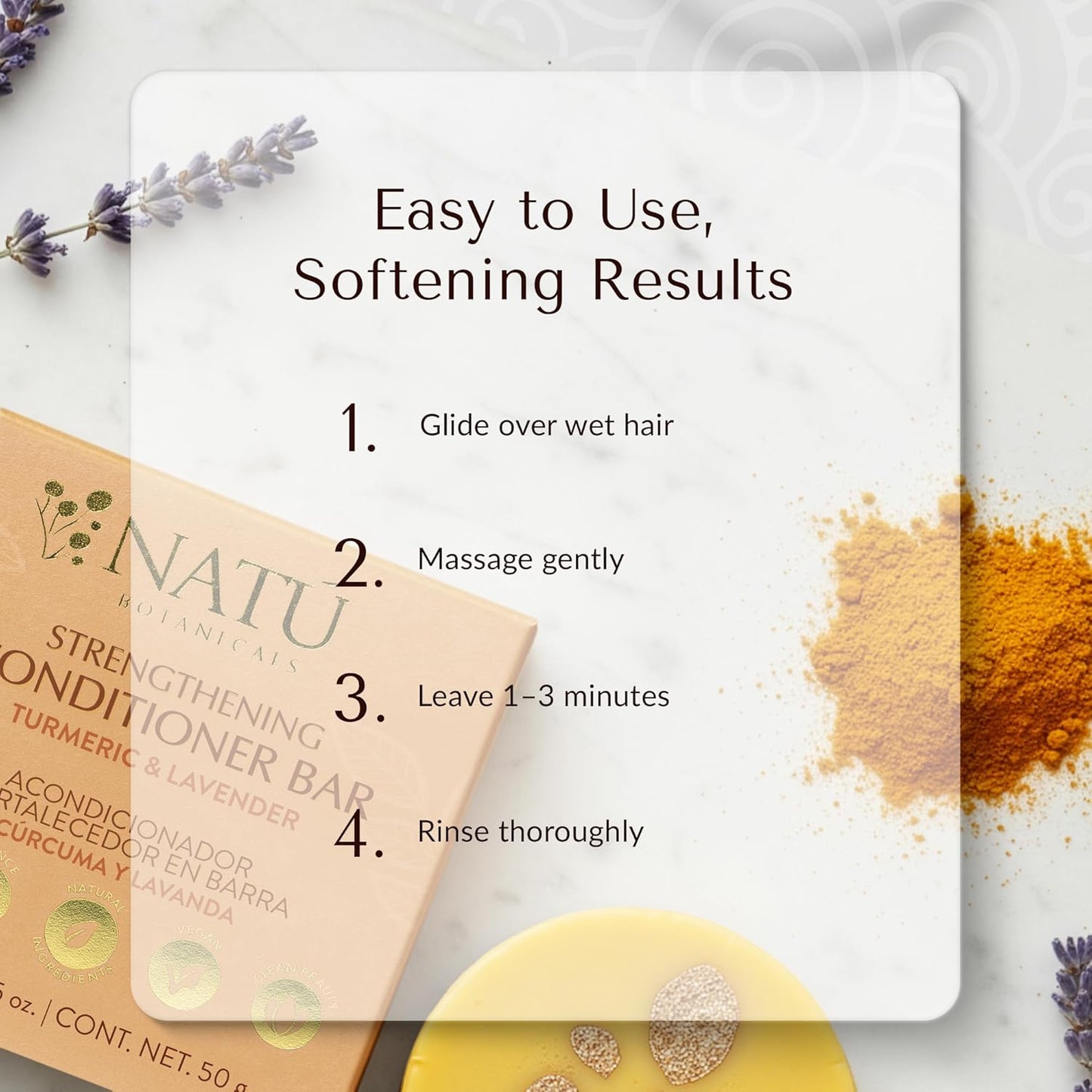 NATÚ BOTANICALS Strengthening Hair Conditioner Bar – Turmeric & Lavender – Moisturizing Conditioner for Dry Hair, Damaged & Frizzy Hair - Deep Conditioning, Scalp Soothing & Hair Strengthening 2.3oz