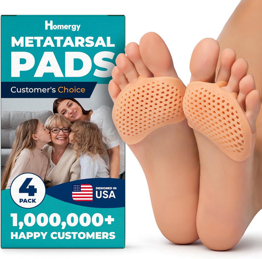 Homergy Metatarsal Foot Pads - Soft Gel Ball of Foot Cushions for Pain Relief, Ultra-Thin Sleeve Design, Stays in Place, Breathable & Reusable - Fits Heels, Flats, Sneakers (4 Pads / 2 Pairs)