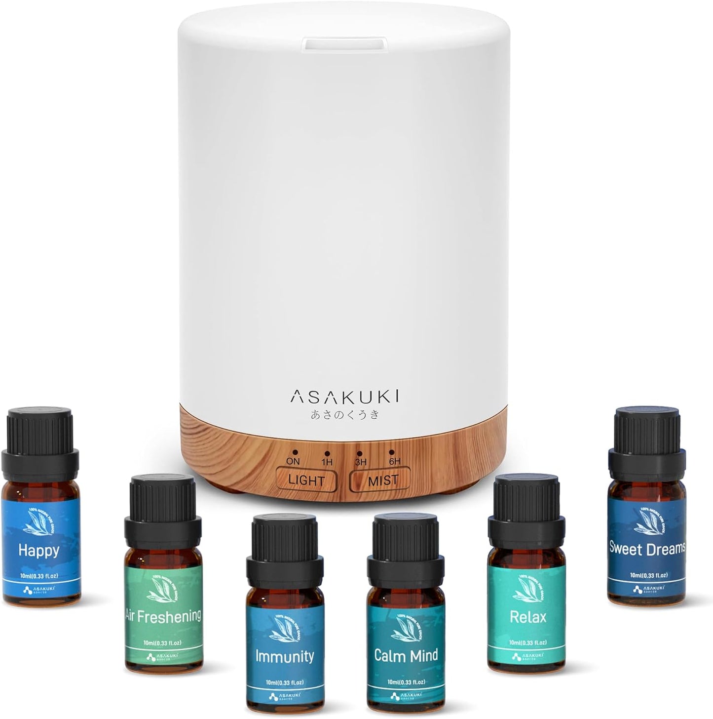 ASAKUKI Essential Oil Diffuser, Aromatherapy Cool Mist Home Humidifier with 7 LED Color Changing Light and Auto-Off Safety Switch, 6 Essential Oils Set, 300ml (Brown with Oils)