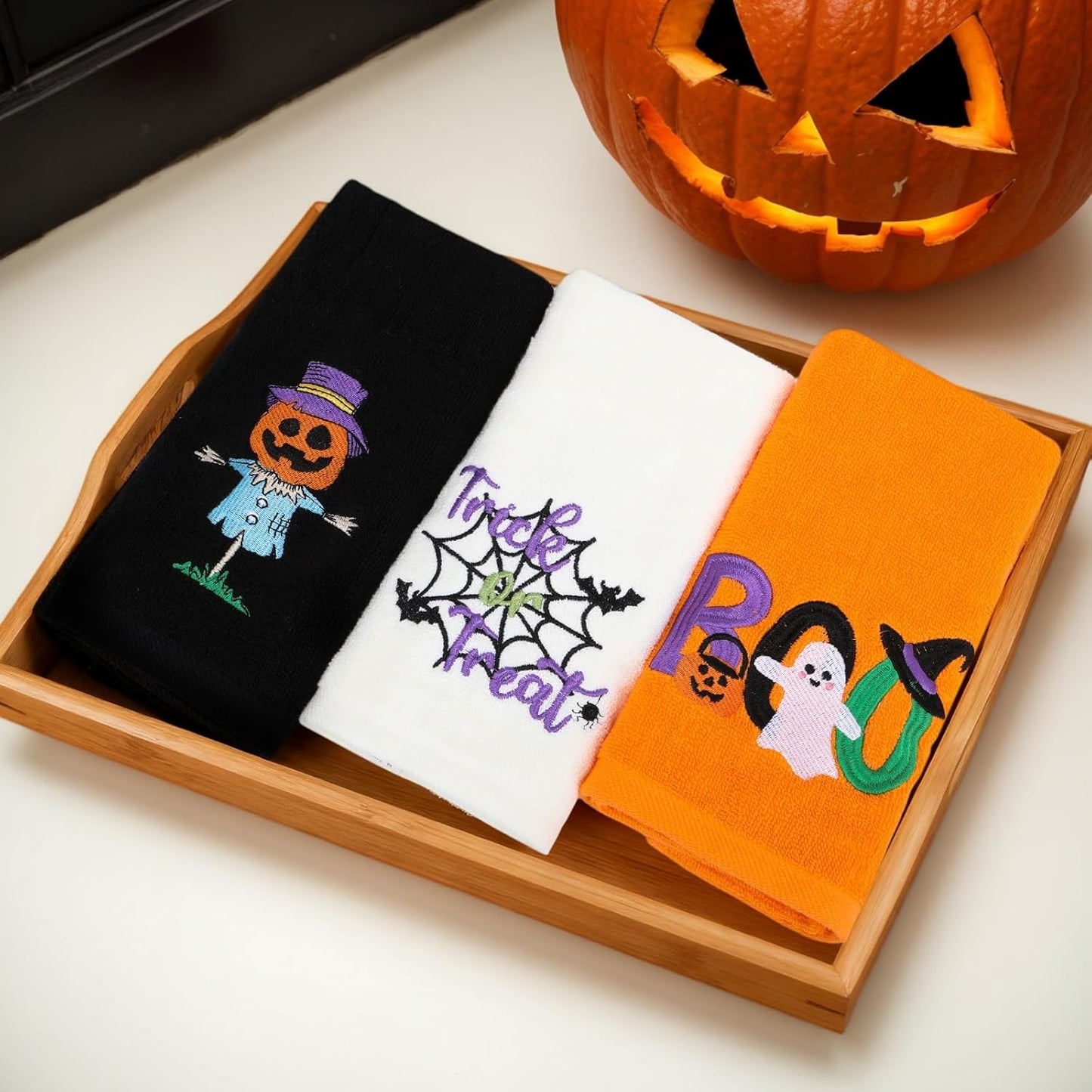 Halloween Hand Towels 3 Pack, Cotton Orange Black Beige Ghost Embroidered Decorative Towels for Bathroom & Kitchen Holiday Décor, 13.7 in × 29.5 in