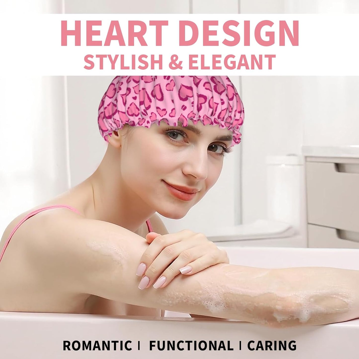 Hot Pink Shower Caps Heart Leopard Print Dual-Layer Waterproof Bath Hat Reusable Hair Caps Elastic Hair Hat for Shower Cooking Clean Makeup Travel