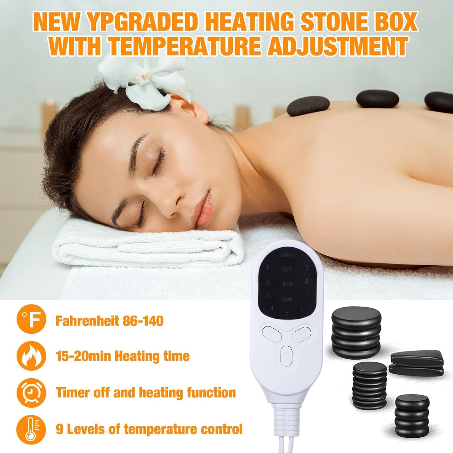 Hot Stones Massage Set 18 Pieces Basalt Hot Rocks Massage Rocks Kit Black Smooth Stones for Professional Home Spa Warming Relaxing Pain Relief(Adjustable Temperature)