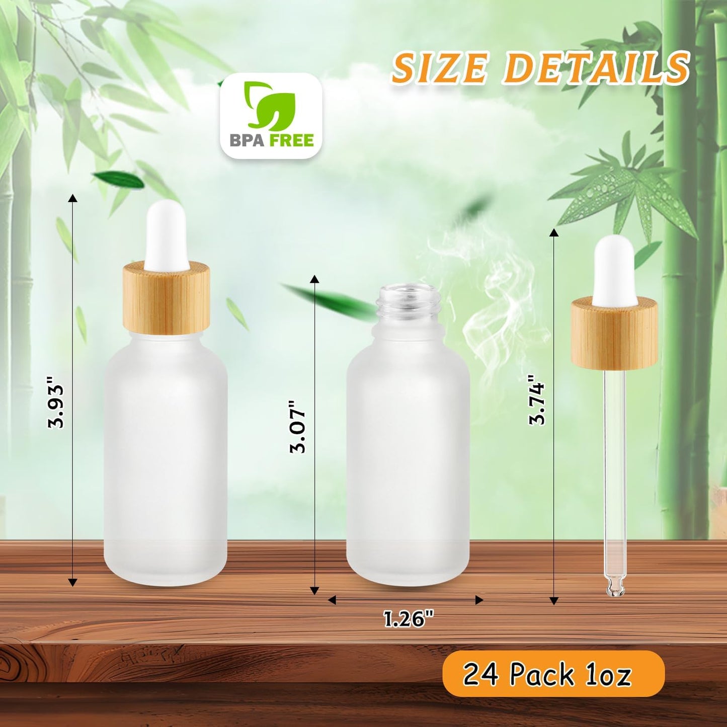 24 Pack 1 oz Frosted Glass Dropper Bottle,Empty Round Boston Travel Bottles With Eye Droppers,Natural Bamboo Dropper Cap for Essential Oils, Tinctures & Perfume,Facial Serums,Massage Oils