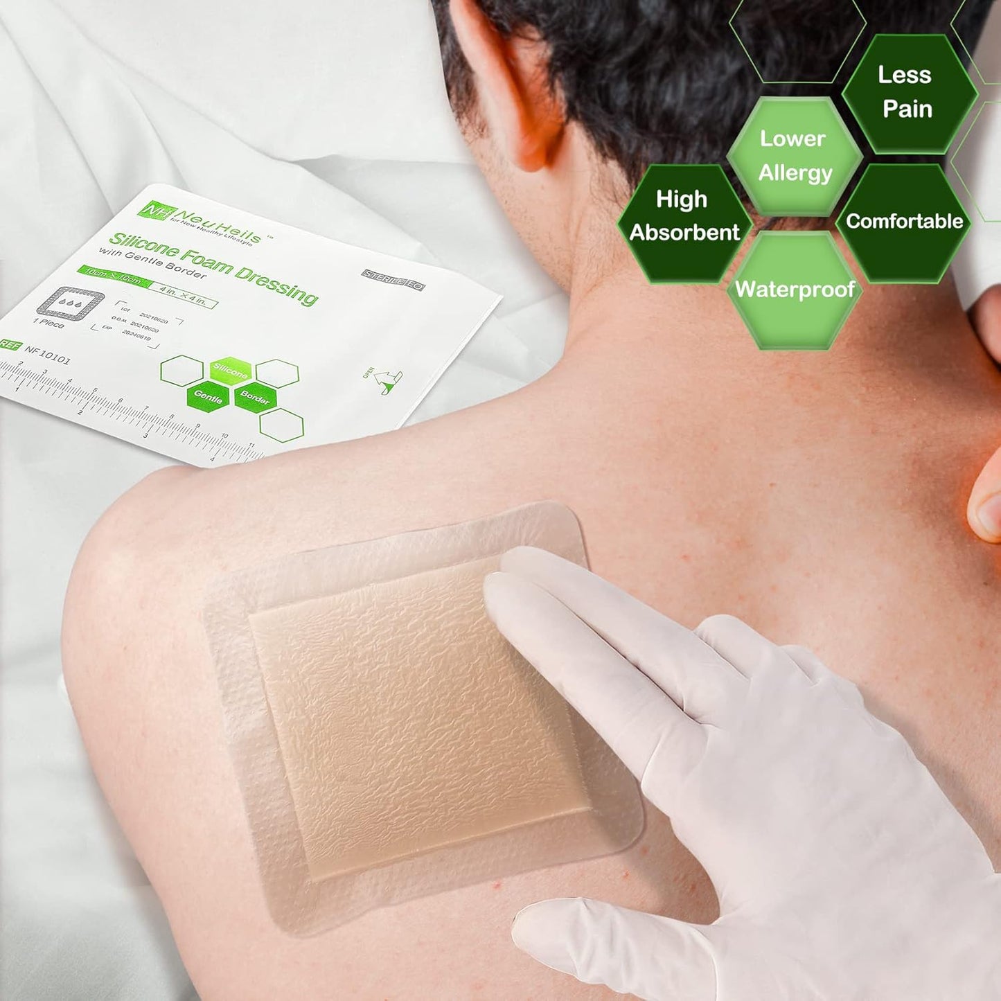 NeuHeils Silicone Adhesive Foam Dressing with Gentle Border 4''x4'' for Bed Sore Leg Ulcer 10 Pack, High Absorbency Waterproof Silicone Wound Bandage