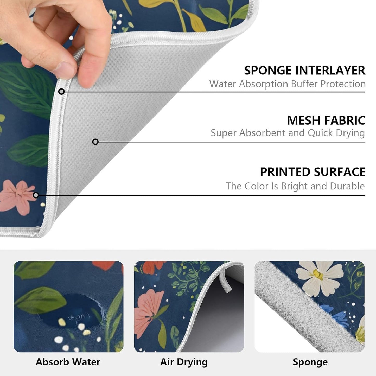 Wildflowers Dark Blue Dish Drying Mats for Kitchen Counter Absorbent Microfiber Dish Drying Matt 16 x 18 Inch Draining Reusable Rack Pad