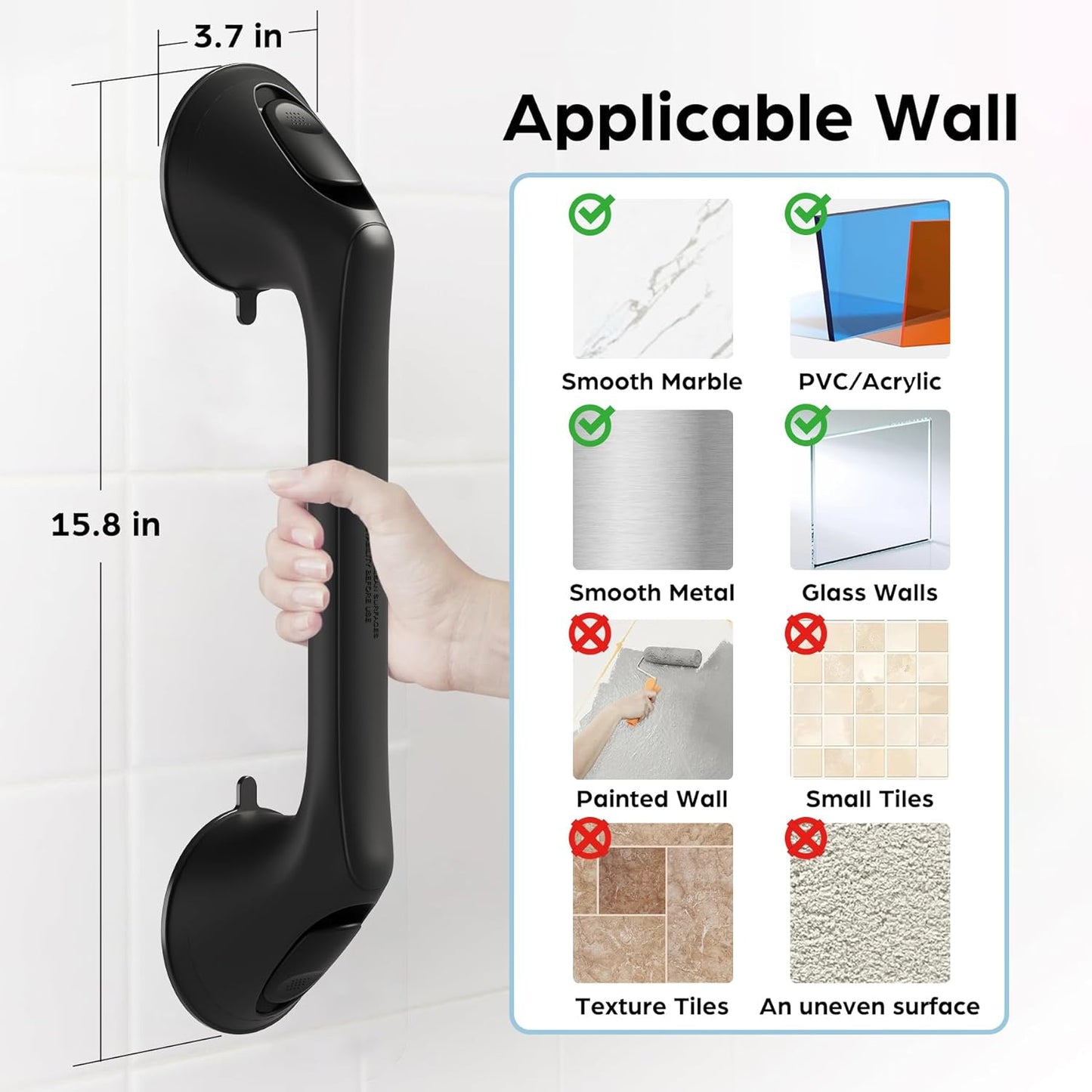 2 Pack 16 Inch Grab Bars for Bathtubs and Showers for Seniors, Heavy Duty Shower Handle for Elderly, Suction Cup Removable Handrails Handicap Bath Grip Bathroom Safety Grips （Black）