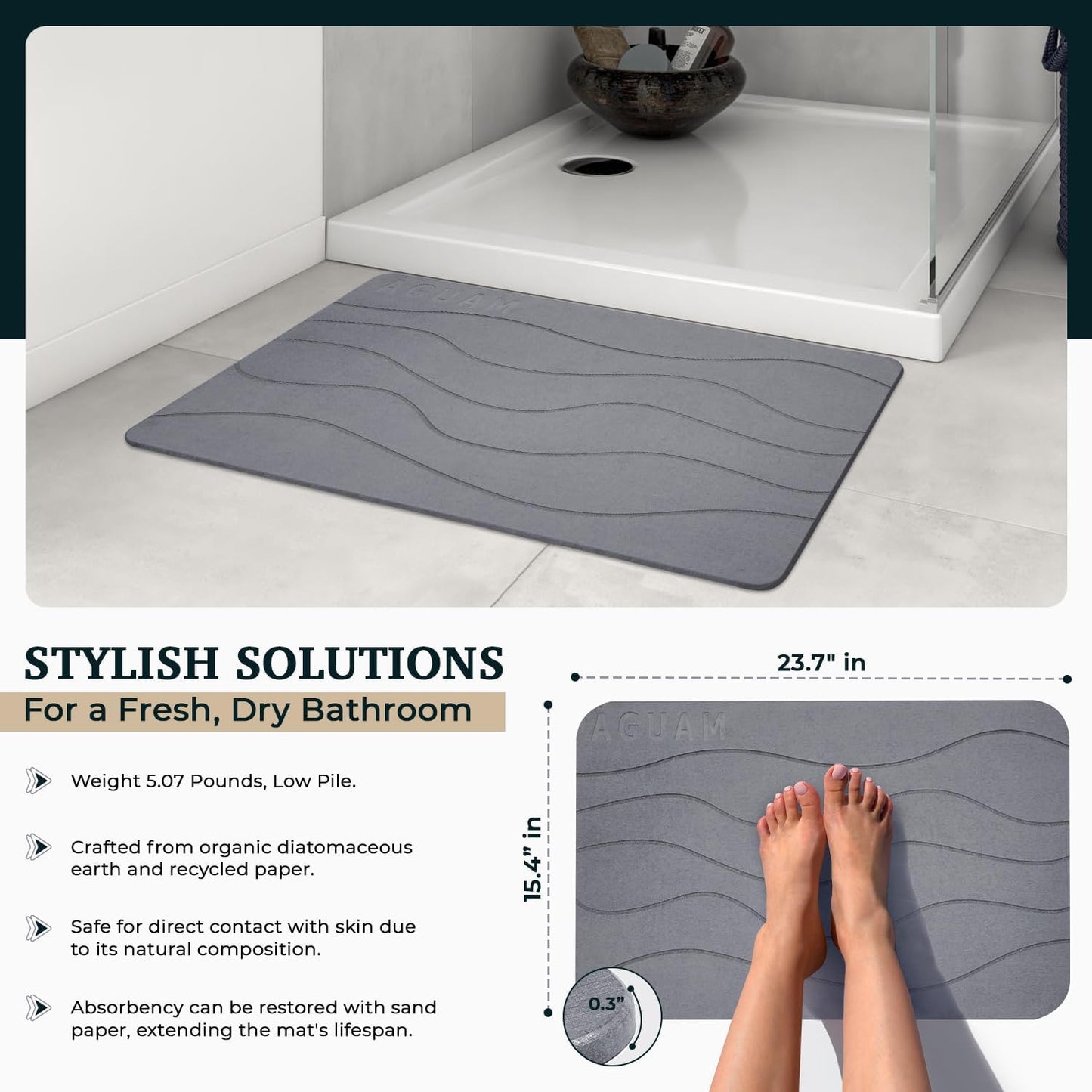 23" x 15" Diatomaceous Earth Shower Non Slip Stone Bath Mat | Quick Dry Super Absorbent Large Mats for Kitchen | Anti-Slip Fast Drying Water Absorbing Stone Bath Mats for Bathroom | Engr-Gray