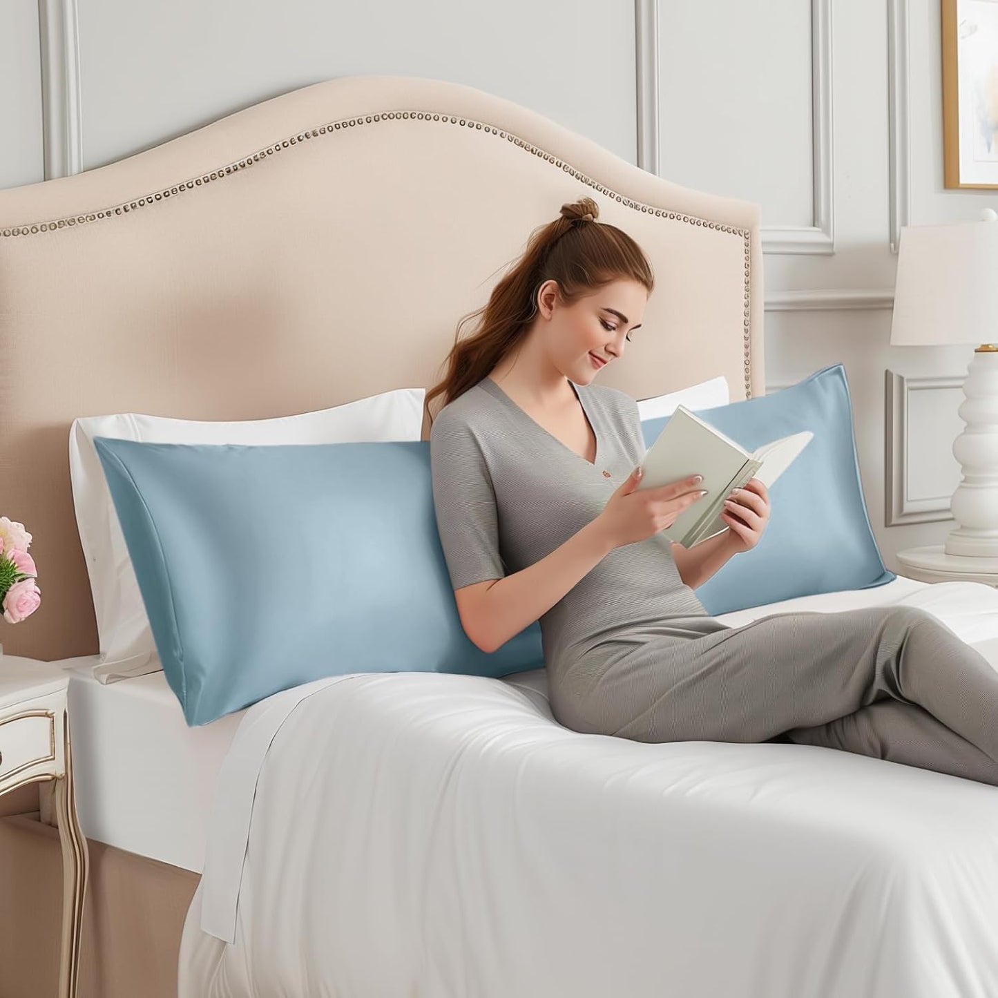 INFIIXSO Body Pillow Cover with Zipper, Luxury Mulberry Silk Body Pillow Case 20x54 Inches, Ultra Smooth and Soft Cooling Long Pillowcase, Gift for Women, Men(Airy Blue)